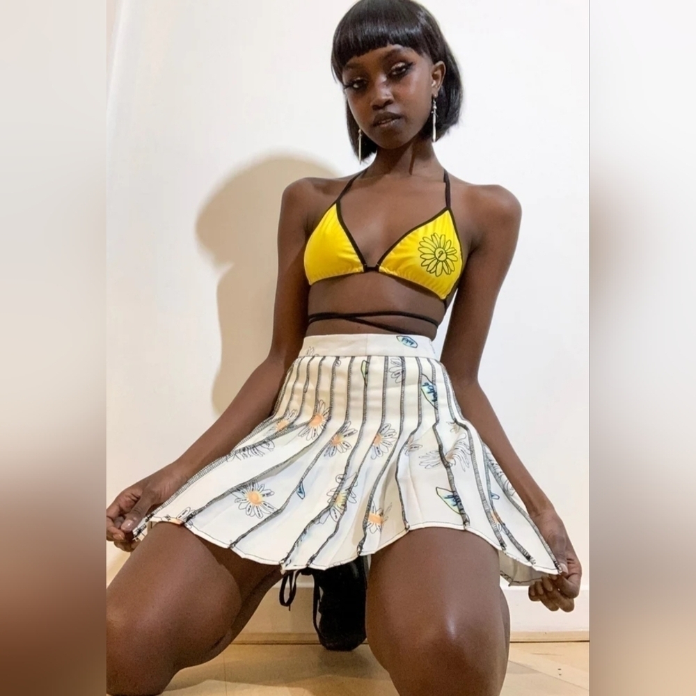 Goodbye Bread Oopsie Daisy Graphic Floral Printed Pleated High Waist Mini Skirt - Picture 2 of 13